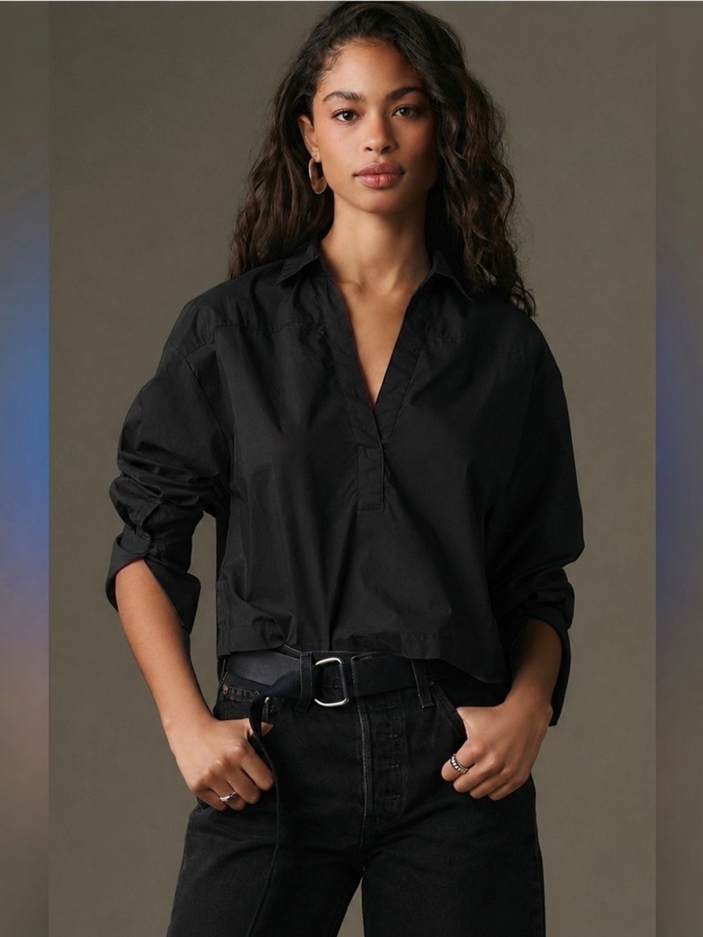 Maeve by Anthro Black Collared Poplin Cropped Long Sleeve Popover Top Size XS